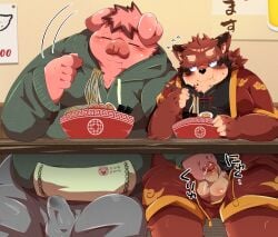 2025 anthro balls belly big_belly bodily_fluids botamochi_(tsurugi) canid canine clothing domestic_pig duo eating erection erection_under_clothing food genital_fluids genitals hi_res hoodie kemono male male/male mammal overweight overweight_male penis precum raccoon_dog suid suine sus_(pig) tanuki topwear tsurugi