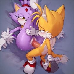 1boy 1girls ai_generated anthro anthro_on_anthro ass balls big_balls big_penis blaze_the_cat cat_ears cum cum_in_pussy cum_inside dick feline female fox fox_ears fox_tail furry penis pussy sex sonic_(series) sonic_the_hedgehog_(series) straight tails tails_the_fox