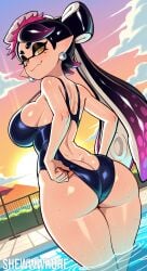 1girls ai_generated ass ass_focus back_view black_hair callie_(splatoon) fangs from_behind gradient_hair long_hair looking_at_viewer shewwwhore smile smirk solo splatoon squid_sisters