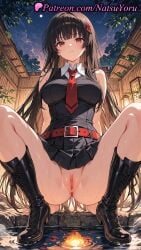 1girls 2025 ahe_gao ai_generated akame akame_(akame_ga_kill!) akame_ga_kill! anus bangs bare_shoulders belt black_footwear black_hair black_skirt boots breasts closed_mouth collared_shirt dress female female_only hair_ornament hi_res highres labia labia_majora large_breasts long_hair looking_at_viewer natsuyoru necktie night no_panties outdoors patreon pleated_skirt pussy red_eyes red_necktie shaved_vagina shirt skirt sleeveless sleeveless_dress solo spread_legs squatting thighs uncensored vagina voluptuous voluptuous_female