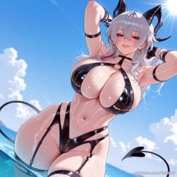 ai_generated armpits balecxi bikini black_horns blush breasts cleavage demon_girl demon_horns demon_tail earrings female jewelry long_hair looking_at_viewer navel outdoors red_eyes sky smile solo swimsuit thick_thighs wading wet white_hair wuthering_waves zani_(wuthering_waves) zipper