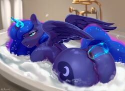 alicorn anal anal_sex anthro anus ass bathtub big_butt blue_body blue_eyes blue_hair bubble cutie_mark equid equine feathered_wings feathers female friendship_is_magic genitals glistening glistening_body hair hasbro hi_res horn inside kelkessel magic mammal masturbation my_little_pony mythological_creature mythological_equine mythology nude partially_submerged penetration princess_luna_(mlp) pussy solo sparkles sparkling_hair white_sclera wings