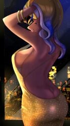 1girls ass breasts dress female frostyfest_outfit frye_(frostyfest_2025) frye_(splatoon) gold_dress inkling inkling_girl large_breasts looking_at_viewer mugyiiiii_ika nintendo no_bra no_bra_under_clothes pointy_ears sideboob solo solo_female solo_focus splatfest splatoon splatoon_3 tentacle_hair two_tone_hair yellow_eyes