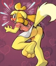 animal_crossing anthro anus barefoot blush bottomwear breasts canid canine canis clothed clothing clothing_lift domestic_dog feet female genitals hi_res isabelle_(animal_crossing) looking_at_viewer looking_back mammal marchharedraws nintendo paws pussy shih_tzu skirt skirt_lift solo surprise tail tail_under_skirt toy_dog