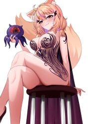 :3 ahoge animal_ear_fluff animal_ears bangs blonde_hair blush breasts chair closed_mouth crossed_legs eyebrows_visible_through_hair facial_mark female hair_ornament hairclip large_breasts long_hair looking_at_viewer pink_eyes simple_background sitting smile solo squchan_(vtuber) tail vyugen white_background