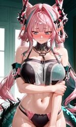 1girls ai_generated arknights arknights:_endfield beautiful_body beautiful_butt blue_eyes blushing curvy dragon_horns dynamic_pose grin hairclip heart_maebari heart_pasties high_res hourglass_body huge_butt indoors karb0n laboratory large_breasts letterbox looking_at_viewer masterpiece midriff multicolored_hair pink_hair pink_hip_highs pink_pasties pink_shrug pointy_ears pointy_hair shy skin_tight streaked_hair swimsuit thick_eyebrows thick_tail thick_thighs twin_drills voluptuous wet_clothes wet_skin wide_hips wink yvonne_(arknights:_endfield)