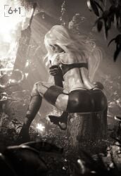 1girls 2025 3d alternate_version_available android android_girl beauty_mark beauty_mark_under_mouth big_ass black_and_white body_markings bra bubble_butt cybernetics detailed_background female female_only flowing_hair full_body grey_eyes hand_on_arm high_heels holding_own_arm holding_sword holding_weapon legs_apart lipstick long_hair looking_back nier nier:_automata nier_(series) no_nude no_nudity non-nude non_nude outdoors rear_view sitting sitting_on_stump sixplusone solo spread_legs white_hair yorha_a2