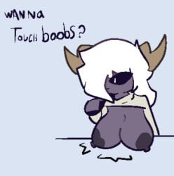 addzthefur anthro areola big_areola big_breasts big_nipples boobs?_wanna_touch_boobs? bovid breasts caprine clothed clothing dark_eyes digital_media_(artwork) english_text exposed_breasts female fur furniture goat horn huge_breasts humanoid low_res mammal meme nipples partially_clothed pixel_(artwork) simple_background solo table text
