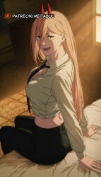 ai_assisted ai_generated bed black_necktie black_pants blonde_hair breasts chainsaw_man cleavage collared_shirt crop_top cross-shaped_pupils demon_horns female from_behind hair_between_eyes horns indoors large_breasts light_rays long_hair long_sleeves looking_at_viewer looking_back loose_necktiepower_(chainsaw_man) meitabuu midriff necktie necktie_between_breasts on_bed open_mouth pants power_(chainsaw_man) red_horns sharp_teeth shirt sitting smile solo sunlight symbol-shaped_pupils teeth white_shirt window yellow_eyes