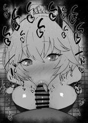 1boy 1girls :>= bar_censor bare_shoulders big_breasts big_penis black_and_white blowjob blue_archive blush breasts censored dark-skinned_male dark_skin detailed_background dress drooling erection erika_(blue_archive) eyelashes fellatio female gehenna_academy_student heart horn humanoid indoor inside interspecies kurotama looking_at_viewer male male_pov monochrome oral oral_sex penis room saliva shiny shiny_skin short_hair sound_effects sparkle_club_(blue_archive) squatting straight sweat text tongue_out vein veins veiny veiny_penis