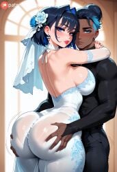 1boy ai_generated artist_name ass ass_grab back backless_dress backless_outfit bangs bare_back bare_shoulders bbc black_hair black_pants blacked blue_eyes blue_flower blue_hair blue_rose blurry_background blush breast_press breasts bridal_gauntlets bridal_veil bride choker closed_mouth dark-skinned_female dark-skinned_male dark_skin detached_sleeves dress earrings elbow_gloves eyeshadow female floral_print flower from_behind gloves groping hair_bun hair_flower hair_intakes hair_ornament hololive hololive_english hug huge_ass interracial jewelry large_breasts lips long_sleeves looking_at_viewer looking_back makeup multicolored_hair ouro_kronii pants patreon_logo patreon_username rose see-through shiny short_hair sideboob single_hair_bun straight strapless strapless_dress tgv9173 two-tone_hair veil virtual_youtuber watermark web_address wedding_dress white_dress white_flower white_gloves white_rose window
