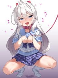 ahoge animal_collar blue_eyes blush collar female gradient_background heart leash long_hair looking_at_viewer nose_blush open_mouth original paw_pose pleated_skirt pussy_juice pussy_juice_puddle racer_(magnet) red_collar sailor_collar school_uniform serafuku skirt solo squatting tongue tongue_out white_hair