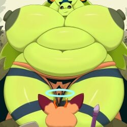 1:1 absurd_res anthro atlyss belly big_belly big_breasts big_nipples breasts clothing duo female goo_creature green_body halo hi_res hidenafox huge_breasts larger_female nipples obese obese_female overweight overweight_female size_difference slime_diva_(atlyss)