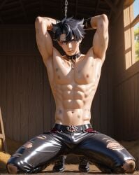 ai_generated black_hair bondage bound boy bulge bulge_through_clothing genshin_impact leather leather_clothing male_only muscular wriothesley_(genshin_impact) yaoi
