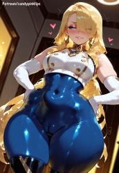 ai_generated asymmetrical_bangs blonde_hair blue_eyes brown_dust_(series) cameltoe candypinklips clenched_hands crop_top hair_over_one_eye hands_on_hips latex_bodysuit medium_breasts standing very_long_hair white_elbow_gloves white_sleeveless wilhelmina_(brown_dust)