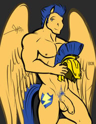 1boy anthro balls bgn cutie_mark equine facial_hair flaccid flash_sentry friendship_is_magic hair headgear helmet male male_only mammal muscles my_little_pony nipples pecs pegasus penis solo tattoo uncut wings