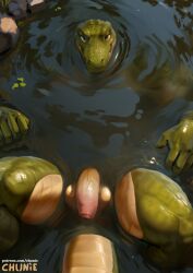 2024 alligator alligatorid anthro balls chunie crocodilian digital_media_(artwork) digital_painting_(artwork) genitals hi_res humanoid_genitalia humanoid_penis looking_at_viewer lying male nude on_back painting_(artwork) partially_submerged penis reptile scalie solo water