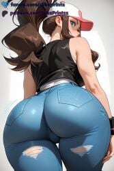 ai ai_assisted ai_generated anime artist_name ass ass_focus bare_shoulders baseball_cap black_vest blue_eyes blush breasts brown_hair cameltoe denim dibzprintz fansly female from_behind hat hi_res high_ponytail high_quality high_resolution highres hilda_(pokemon) huge_ass jeans large_breasts long_hair looking_at_viewer looking_back pants patreon_username pokemon ponytail shirt sidelocks sleeveless sleeveless_shirt solo tank_top thick_thighs thigh_gap thighs torn_clothes torn_pants vest watermark white_shirt wristband