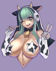 1girls 2025 bangs big_breasts blush breasts choker cow_ears cow_girl cow_horns cow_print cowbell digital_media_(artwork) exnezo female female_only fingerless_gloves gloves green_hair headphones large_breasts long_hair nail_polish no_visible_genitalia one_eye_closed original original_character painted_nails pasties peace_sign smile solo solo_female star_(symbol) wink