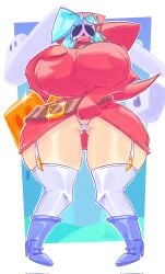 alesmadness1 belt blue_hair boots female huge_ass huge_breasts mask masked_female micro_panties nervous panties showing_pussy shy_gal simple_background socks upskirt