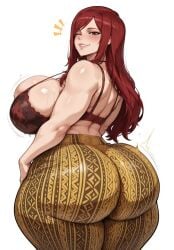 ai_generated athletic_female back_view backboob bare_thighs big_ass big_butt bra brown_eyes erza_scarlet fairy_tail fat_ass forbidden_pants gigantic_ass gigantic_breasts hair_over_one_eye huge_bra huge_breasts huge_thighs light-skinned_female light_skin long_hair looking_back massive_ass massive_breasts red_hair smiling solo_female squatting sweat sweatdrop thick_body thick_female thick_thighs thighs voluptuous voluptuous_female yashugai