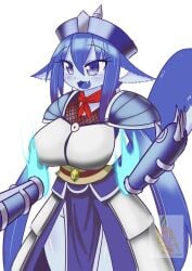 1_teeth 2d 2d_(artwork) 5_fingers animal_ears animal_tail anthro armor artist_name baby_blue_skin bamangojuice big_breasts blue_eyes blue_flame blue_hair blue_mouth blue_tail blue_tongue blush blush_stickers blushing breasts breasts_covered claws clothed clothed_female clothing covered_body eyebrows eyebrows_visible_through_hair eyelashes eyelashes_visible_through_hair female fishnet fishnet_bodysuit fishnet_topwear floating_arms fox_symbol headwear humanoid humanoid_legs lana_(bamangojuice) light_skin light_skinned_female living_armor long_hair long_tail mango metal metal_arm mouth mouth_open multicolored_clothing multicolored_text no_sex no_sex(yet) not_human original original_character original_characters red_scarf scarf sharp_claws sharp_fingers sharp_teeth shiny shiny_skin simple_background tagme text thighs tongue white_background