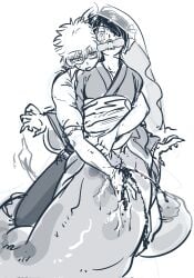 2boys blush cloaca cloacal_fingering ear_fins egg egg_laying eggs fangs fingering fingering_partner fish_eggs gag gagged gay gintama gintoki_sakata glasses intersex japanese_clothes kimono male male_only merfolk merman monochrome official_alternate_costume questionable_consent takasugi_shinsuke tears veil yaoi ycgdyfk youkai