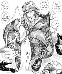 1boy 1girls black_and_white boots boots_removed byleth_(fire_emblem) byleth_(fire_emblem)_(female) cock cum cum_on_feet dialogue dragon_blanche feet feet_focus female fire_emblem fire_emblem:_three_houses foot_fetish foot_focus green_hair legwear male penis shoes_removed soles soles_of_feet_in_stockings stockings text toe_spread toes