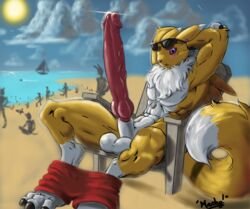 anthro arms_behind_head balls bandai beach big_balls big_penis black_sclera blush canine chair chest_tuft claws clothing cloud digimon dog_tags ear_piercing erection eyewear fur glans huge_cock humanoid_penis hyper hyper_penis jamie_lamont knot lifeguard long_penis male male_only mammal mane markings mechogama muscles navel outside pants pants_down penis piercing public purple_eyes renamon sand seaside sheath signature silhouette sitting sky solo spread_legs spreading sun sunglasses surprised toe_claws tuft vein veiny_penis white_fur yellow_fur