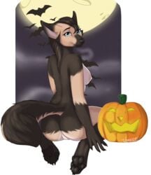 alpha_channel anthro bat breasts canine female halloween hindpaw holidays jack-o'-lantern kneeling looking_at_viewer looking_back mammal nude paws plain_background pumpkin pussy sideboob solo venerit