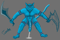 1boy abs anthro balls big_penis blue_penis cum cumshot erection feline grey_background male male_only mammal nude orgasm penis plain_background pose runes solo sword tenchu uncut unfinished weapon