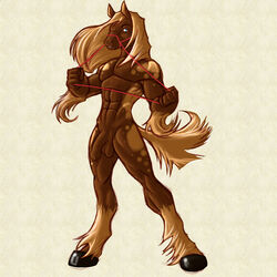 1boy abs anthro balls barefoot blonde_hair blue_eyes bridle brown_fur brown_penis color equine flaccid front_view fur hair half-erect hooves horse humanoid_penis leash long_hair looking_at_viewer male male_only mammal muscles nude pecs penis plain_background pose seductive solo standing tenebear texture_background uncut white_background