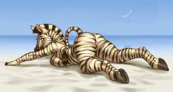 1girls anthro ass beach breasts equine female fur furry hooves looking_at_viewer lying mammal mane mohawk nude on_front outside pussy sand sea siyah sky solo stripes thick_thighs underboob water zebra