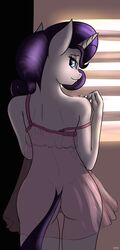 2014 absurdres anthro anthrofied ass blue_eyes equine female friendship_is_magic fur furry highres horn indoors looking_at_viewer mammal my_little_pony nightgown patch_(artist) purple_hair pussy rarity_(mlp) rear_view see-through solo straight_hair unicorn white_fur