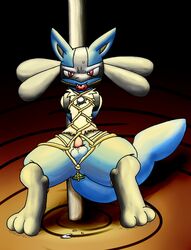 1boy 2014 anthro ball_gag balls bondage bound canine cula flygon_(artist) fur gag looking_at_viewer lucario male male_only mammal nintendo penis pokemon pokemon_(species) red_eyes sex_toy solo spikes strapped_in_toy sweat teeth vibrator video_games