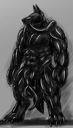 2014 4_toes abs anthro biceps big_muscles black_body black_paws blind canine crotch_tentacles furry gay jackal male mammal muscles nipples pecs rubber rwolf solo symbiote tentacle toes transformation