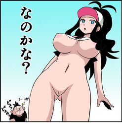 baseball_cap blue_eyes breasts brown_hair female hair hat hilda_(pokemon) koutarosu nude pokemon pokemon_bw tank_top