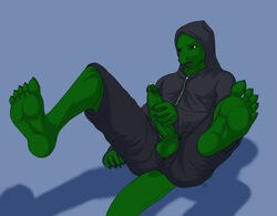 5_toes anthro balls barefoot big_penis claws clothing erection foot_focus green_penis hindpaw hoodie human_feet humanoid_penis lizard long_penis male male_only masturbation paws penis penis_grab plain_background plantigrade precum reptile retracted_foreskin scalie shorts soles solo toe_claws toes uncut yellowpower