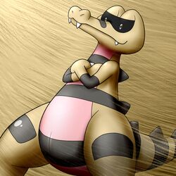 ambiguous_gender animal_genitalia anthro bm_proto_06 crocodile crossed_arms genital_slit krokorok looking_at_viewer nintendo plain_background pokemon pose reptile sand sandstorm scalie slit solo video_games