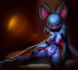 2014 anthro anthrofied areolae bangs bangs_(character) bat big_ears blue_hair blush breasts elpatrixf female hair hair_over_eyes large_breasts mammal navel nintendo nipples nude pokemon pokemorph pussy sitting solo tongue tongue_out wings zubat