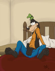 1boy anthro balls bed canine clothing disney dog erection fur furry goofy hindpaw male male_only mammal open_pants pants paws penis skunkjunkie solo uncut