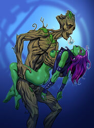 1boy 1girls 2d alien alien_girl alien_look_like_human anal ass breasts closed_eyes double_penetration duo female gamora green-skinned_female green_skin groot guardians_of_the_galaxy interspecies lipatov male marvel nipples penis purr-hiss pussy_juice sex stand_and_carry_position straight tree_humanoid vaginal_penetration