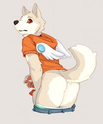 1boy 2014 anthro anthrofied ass atlus black_nose canine clothing erection hoodie koromaru_(megami_tensei) looking_at_viewer looking_back male male_only mammal megami_tensei mooning panties panties_down pants pants_down penis persona plain_background rear_view red_eyes seth-iova solo standing underwear undressing white_background