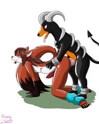 anal anthro anthro_on_feral canine duo feral fox furry furry_only gay houndoom interspecies lady_drasami male mammal nintendo pokemon scarlet_svobodova sex stomach_bulge video_games zoophilia