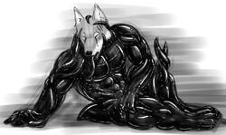 1boy 2014 abs anthro biceps black_body black_paws canine claw_marks crotch_tentacles drooling furry gay male male_only mammal muscles pecs rubber rwolf saliva solo symbiote tentacle tentacle_tongue transformation wolf