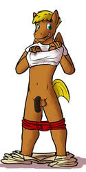 1boy 5_fingers animal_genitalia anthro balls black_penis blonde_hair brown_fur brown_pants clothing dewey equine fan_character fur fuze hair horse horsecock male male_only mammal my_little_pony navel partially_clothed penis pony red_underwear simple_background smile solo underwear undressing white_background white_shirt