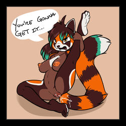 2014 after_sex angry anthro breasts brown_hair cum cum_in_pussy cum_inside dialogue female furry hair mammal nude raised_leg red_panda siroc solo spread_legs spreading vega_(artica)