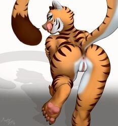 2014 anthro anus ass feline female green_eyes mammal monkeyspirit nude plain_background presenting presenting_hindquarters pussy solo stripes tiger tongue tongue_out white_background