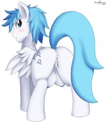 2014 above_average_crotchboobs alpha_channel anatomically_correct anatomically_correct_pussy animal_genitalia anus ass blue_eyes blue_hair blush crotchboobs cutie_mark equine equine_pussy fan_character feathers female furry furry_only hair hi_res hooves long_hair looking_at_viewer looking_back mammal marukomuru my_little_pony nipples non-anthro pegasus presenting pussy raised_tail rear_view solo white_fur wings