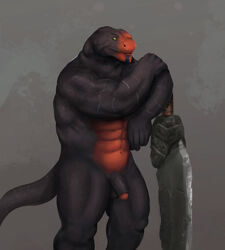 1boy abs anthro biceps dragon flaccid humanoid_penis krokodainer male male_only muscles penis scalie solo sword thick_tail uncut weapon yellow_eyes